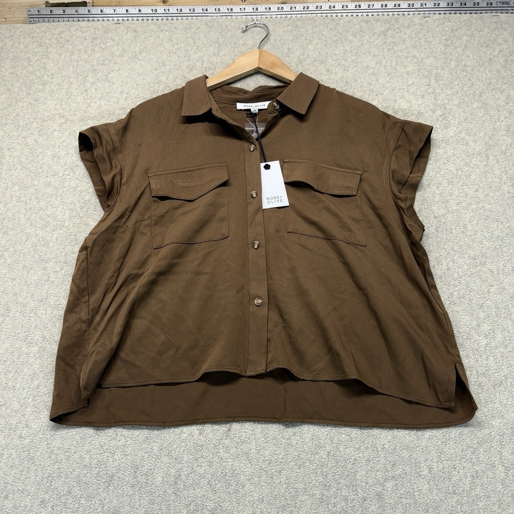 Rose + Olive Womens Brown Button Front Blouse Cap Sleeve Utility Shirt Large